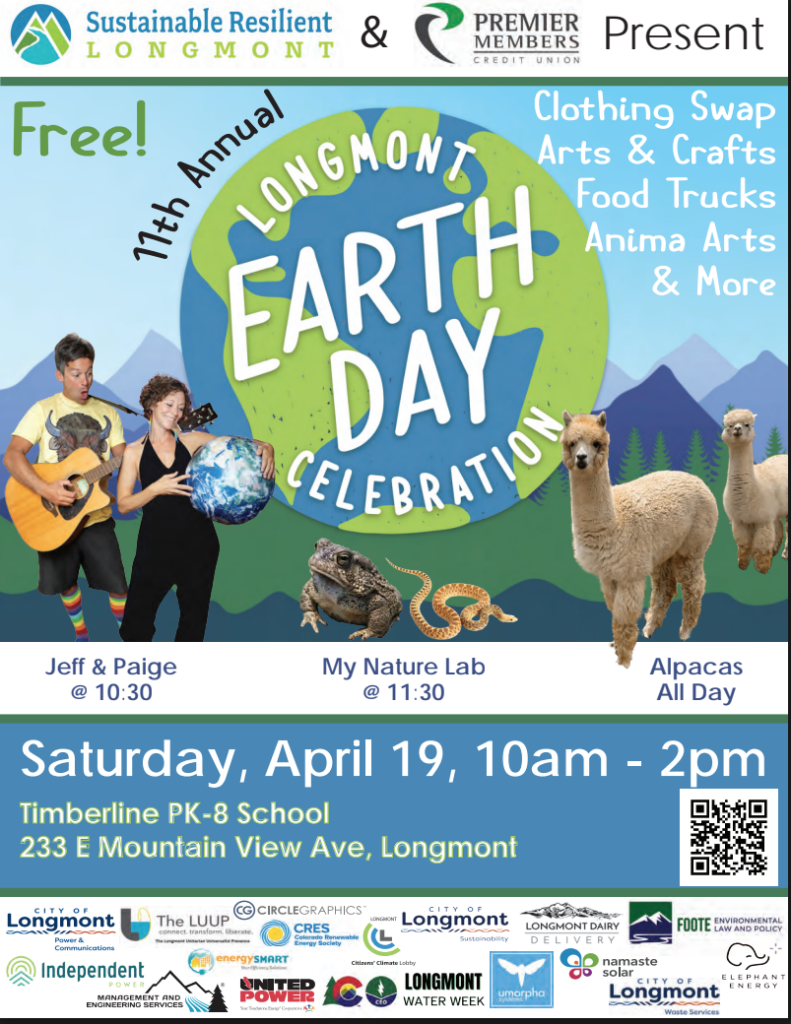 Poster for the Longmont Earth Day Celebration featuring activities, date, time, location, and live events.